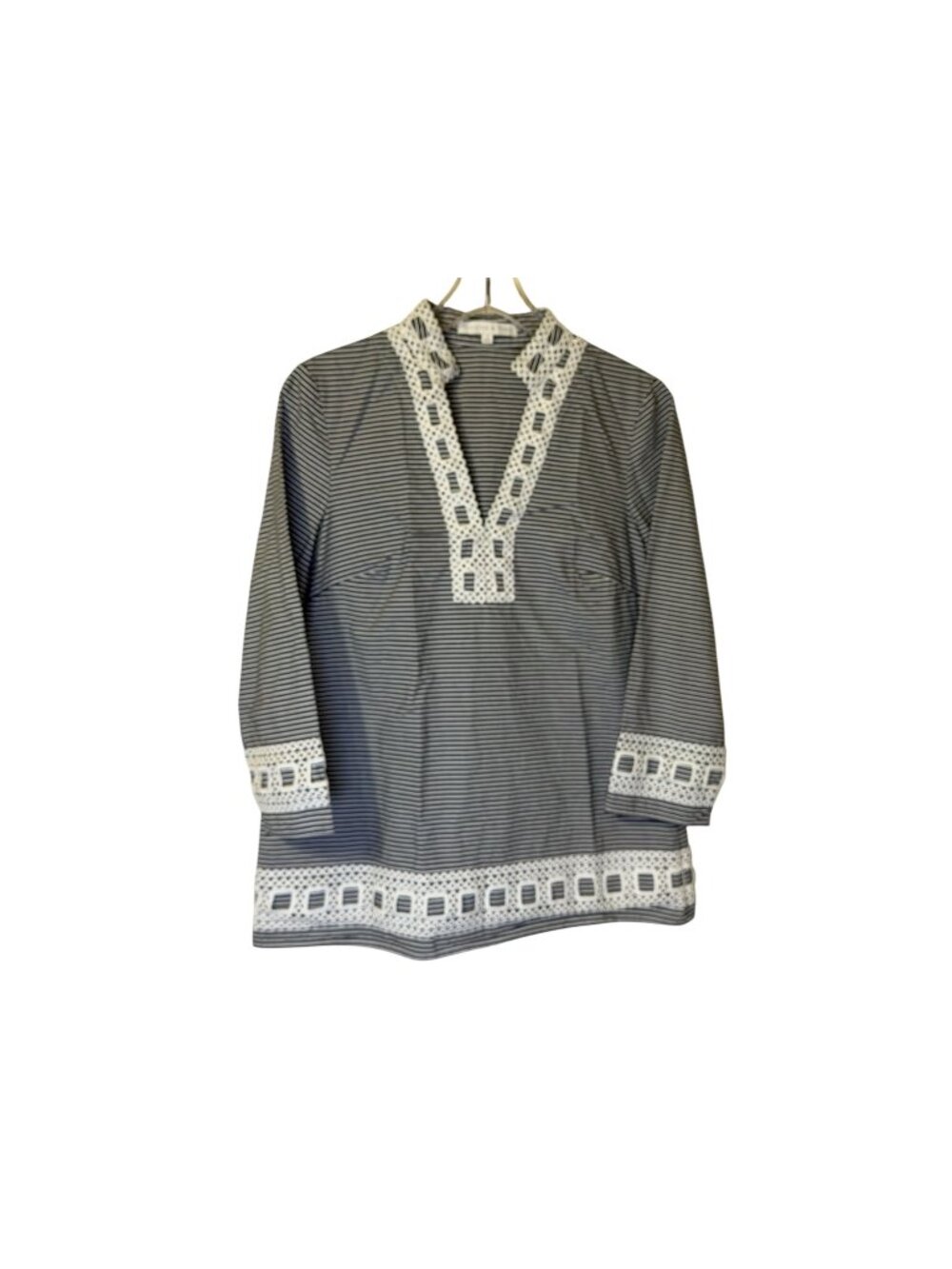 Preston & York Gray and White Stripe Tunic Top w/ decorative trim‎ Size Small